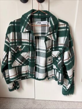 ZARA Green White Plaid Cropped Jacket